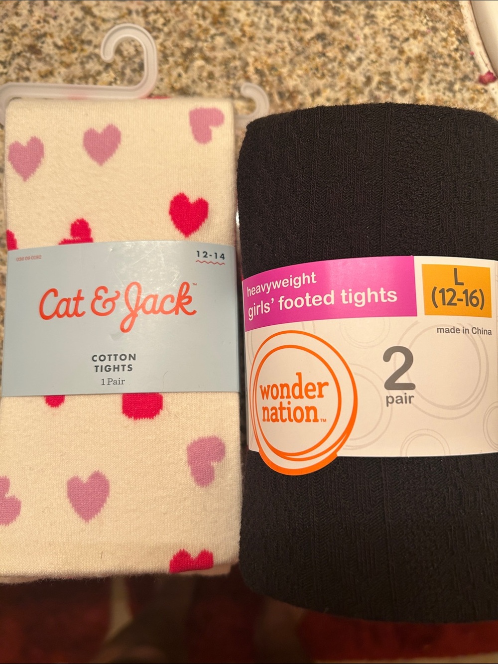 Cat & Jack Cream Tights with Pink and Red Hearts